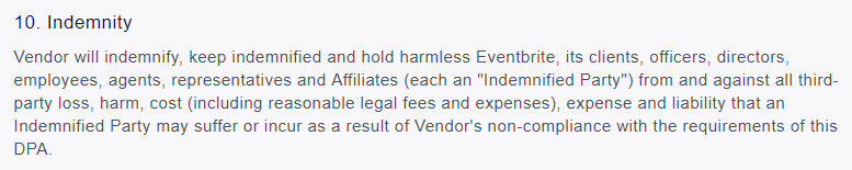 EventBrite Data Processing Agreement: Indemnity clause