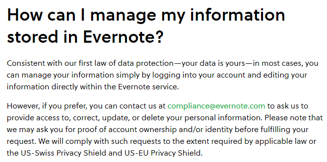 Evernote Privacy Policy: How can I manage my information stored in Evernote clause