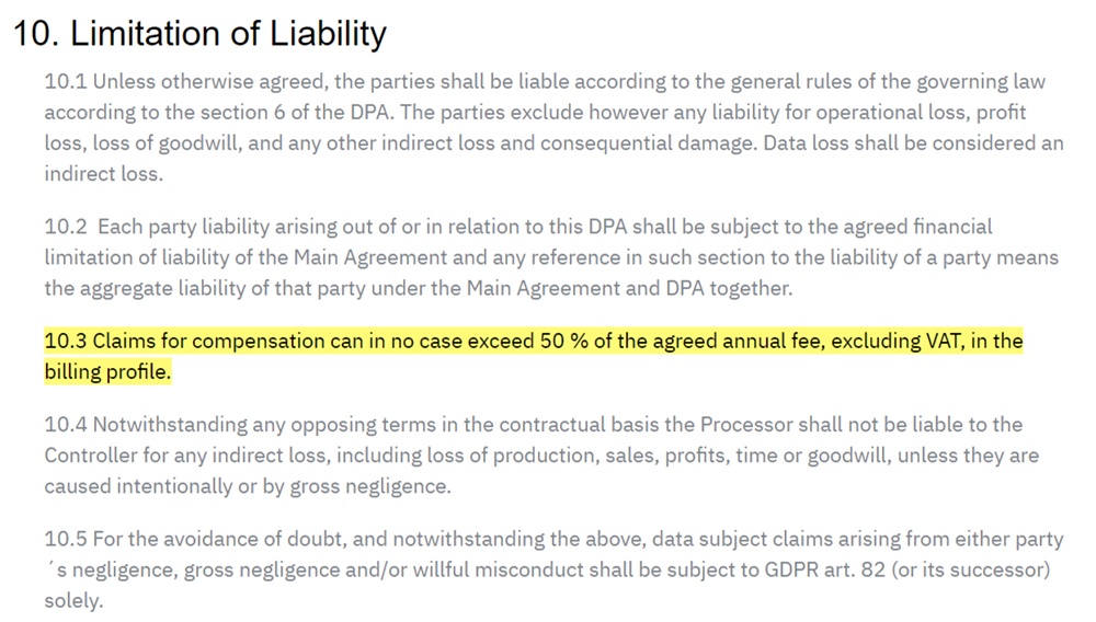 Go Ask Cody Data Processing Agreement: Limitation of Liability clause highlighted