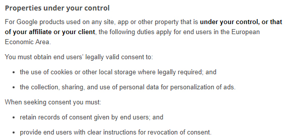 Google EU User Consent Policy: Properties under your control section