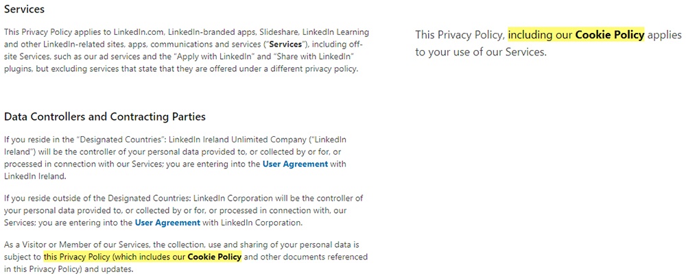 LinkedIn Privacy Policy with Cookie Policy link highlighted