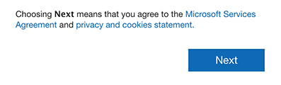 Microsoft create an account form with Next button to agree to privacy and terms