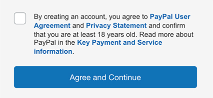 Paypal&#039;s create account form with a clickwrap checkbox and Agree and Continue button