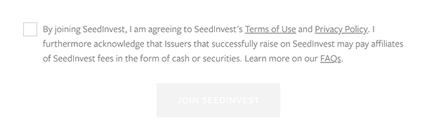 SeedInvest Join form with mandatory checkbox to agree to Terms of Use and Privacy Policy - clickwrap
