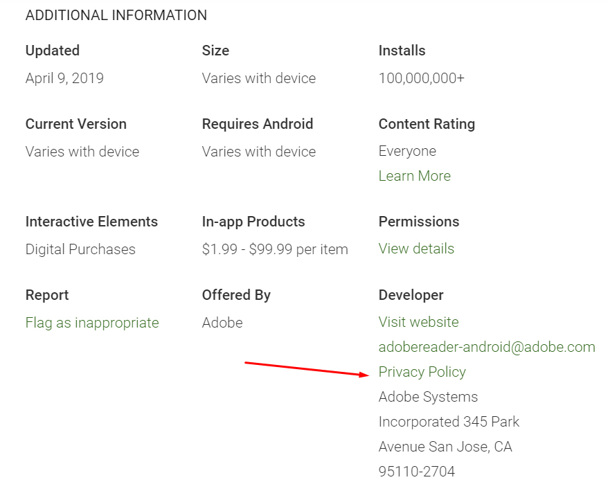Adobe Acrobat Google Play Store app listing with Privacy Policy highlighted