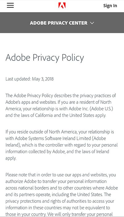 Adobe Privacy Policy intro: Mobile browser version