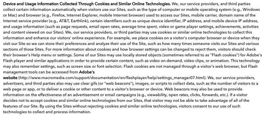 Cartoon Network Privacy Policy: Device and Usage Information Collected Through Cookies clause