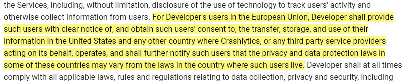 Crashlytics Terms of Service: Clause excerpt that requires consent to transfer data of EU users