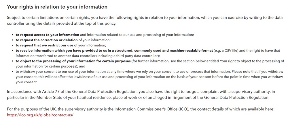The Drum Privacy Policy: Excerpt of clause about GDPR user rights