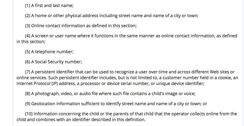 e-CFR: Screenshot of definition of personal information section of COPPA