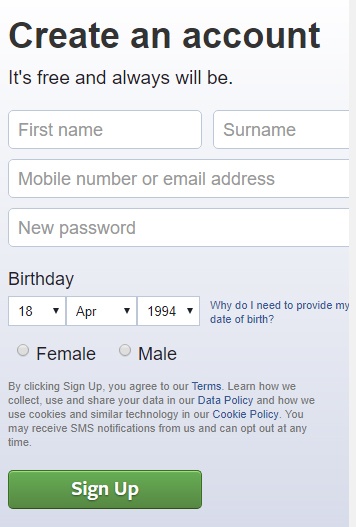 Facebook sign-up and create an account form page