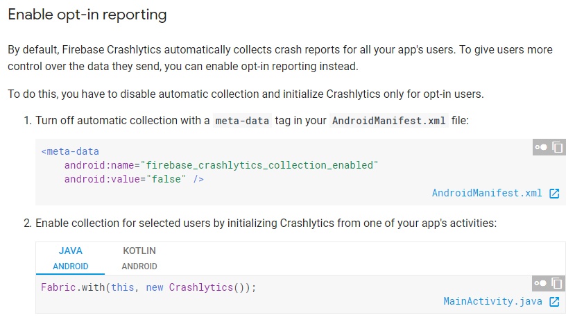 Firebase: Customize Crashlytics Reports - Enable opt-in reporting section