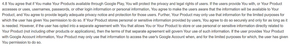 Google Developer Distribution Agreement: Clause addressing privacy protection