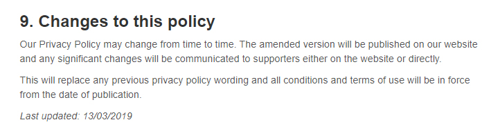 Greenpeace Privacy Policy: Changes to this policy clause with update date