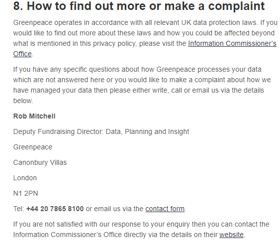 Greenpeace Privacy Policy: Contact and complaint clause