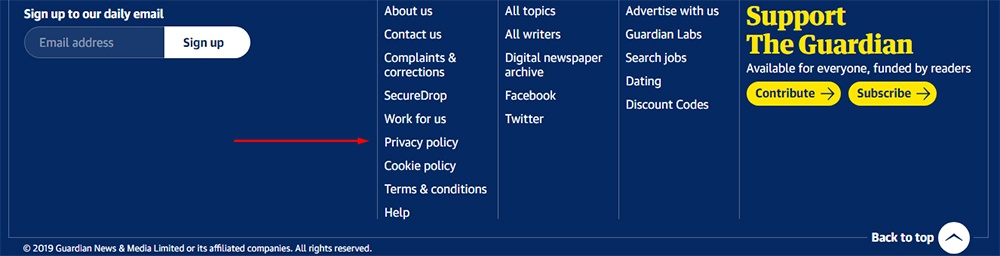 The Guardian website footer with Privacy Policy highlighted