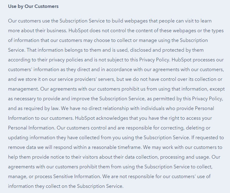 HubSpot Privacy Policy: Use by our customers clause excerpt