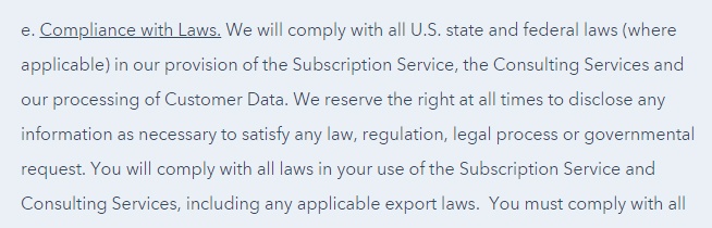 HubSpot Terms of Service: Compliance with Laws clause