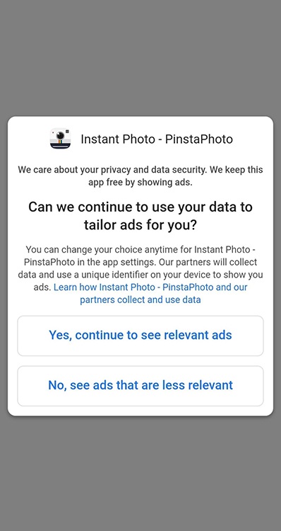 PinstaPhoto Android app: Screen requesting consent to show tailored ads