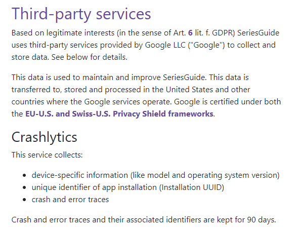SeriesGuide Privacy Policy: Third-party services clause - Crashlytics section