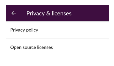 Slack app Privacy and Licenses menu screen