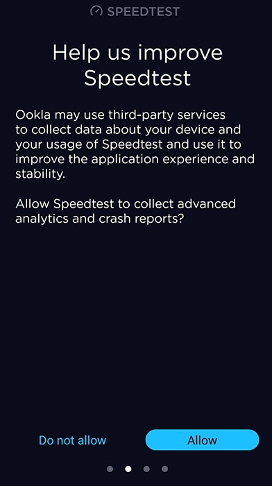 Speedtest App&#039;s permissions screen to collect advanced analytics and crash reports