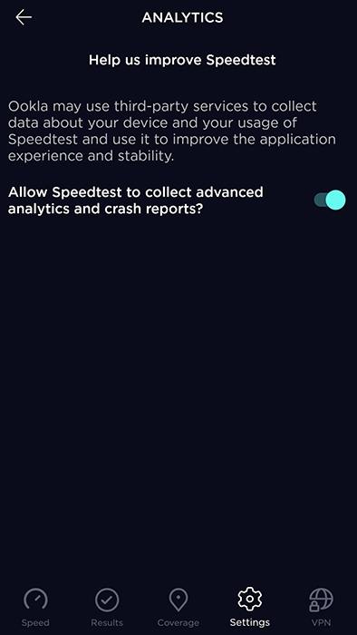 Speedtest App&#039;s settings adjustment screen for permissions screen to collect advanced analytics and crash reports