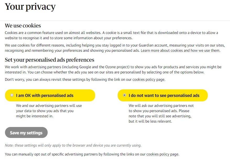 The Guardian: Your Privacy dashboard screen for cookies and personalised ads settings