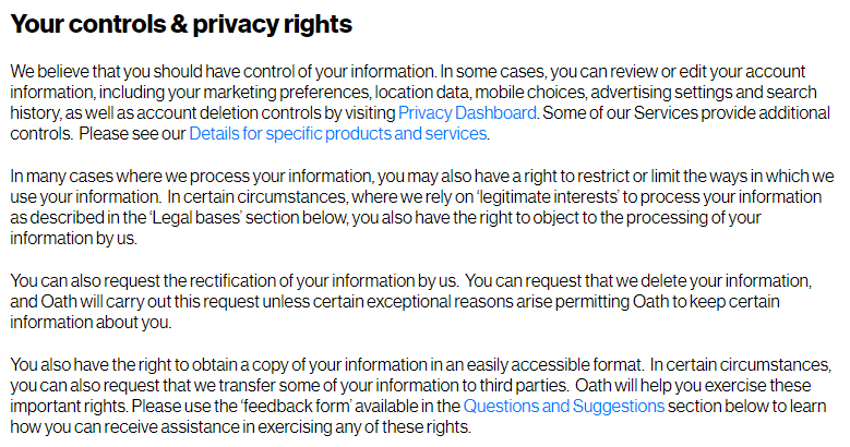 Oath Privacy Centre: Your controls and privacy rights clause