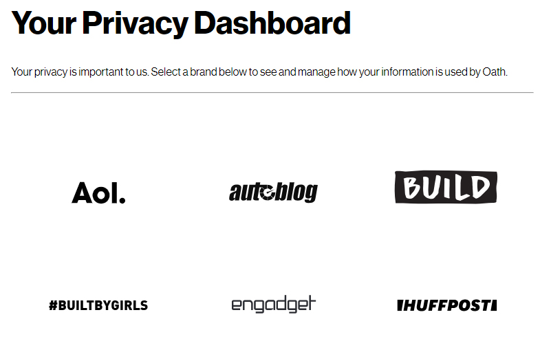 Oath Privacy Centre Dashboard with list of brands