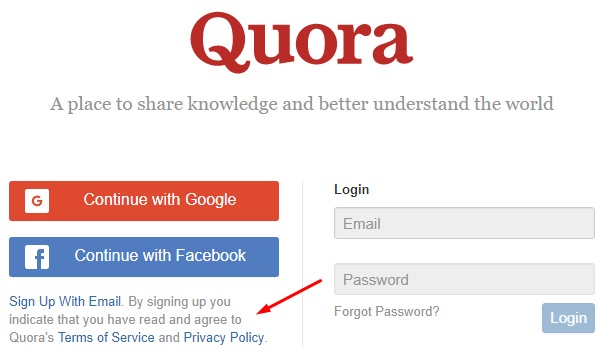 Quora sign-up and log-in form: Sign up to agree to Terms of Service and Privacy Policy