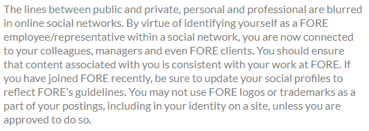 FORE: Social media disclaimer tells employees are representatives of FORE when posting online