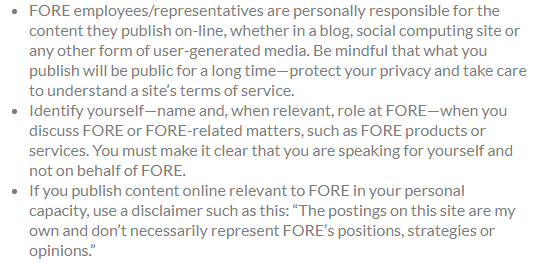 FORE: Social media disclaimer tells employees are responsible for the online content they publish