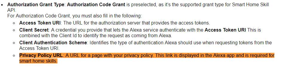 Alexa blog: Creating Your First Alexa Home Skill - Authorization Grant Type section: Privacy Policy URL highlighted