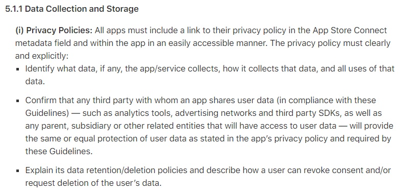 Apple App Store Review Guidelines: Clause for Data Collection and Storage