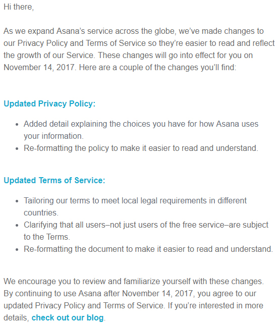 Screenshot of Asana email with notice of changes to Privacy Policy and Terms of Service