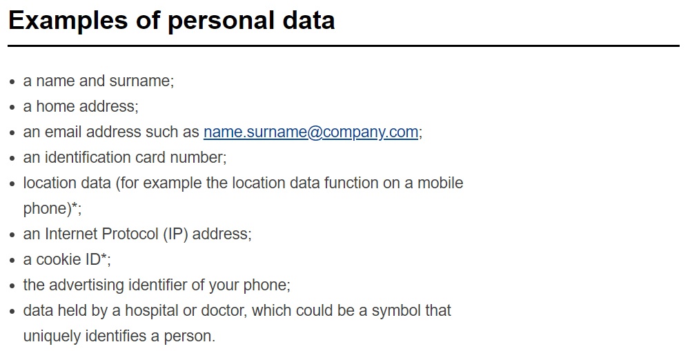 Screenshot of list of examples of personal data from the European Commission