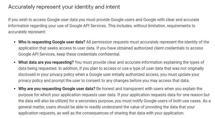 Google API Services: User Data Policy - Accurately represent your identity and intent section