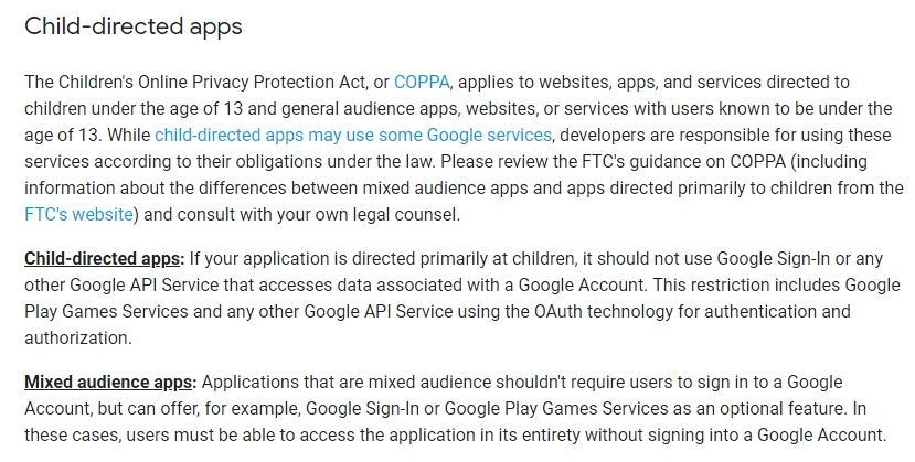 Google API Services: User Data Policy - Child-directed apps section