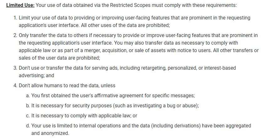 Google API Services: User Data Policy: Restricted Scope - Limited Use section