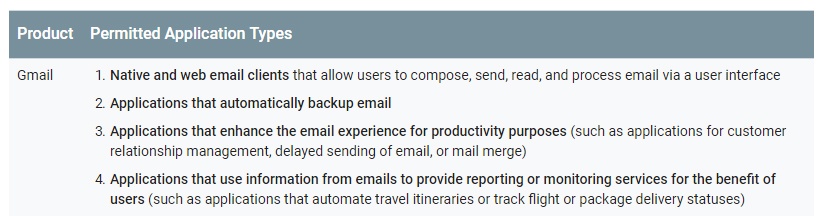 Google API Services: User Data Policy: Restricted Scope - Product and Permitted Application Types - Gmail section