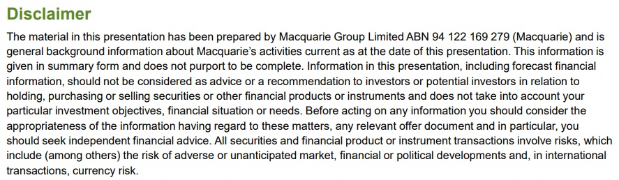 Macquarie disclaimer: Excerpt for errors, omissions, advice and risks