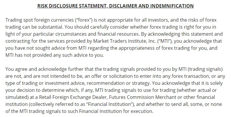 Market Traders Institute: Excerpt of Risk Disclaimer