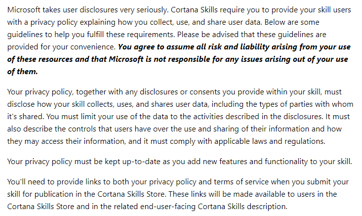 Microsoft Cortana Dev Center: Privacy Policy guidelines