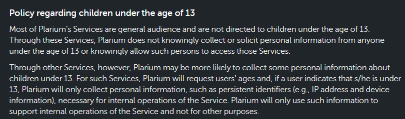 Plarium Privacy and Cookies Policy: Children clause excerpt