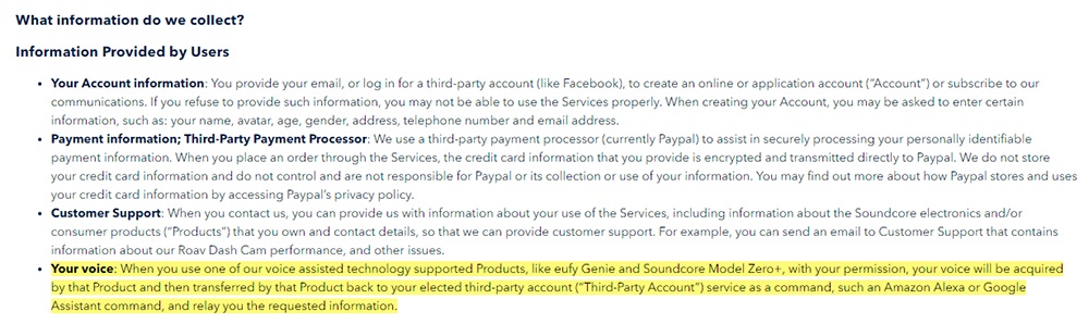 Soundcore Privacy Policy: Information Provided by Users clause - Your Voice section highlighted