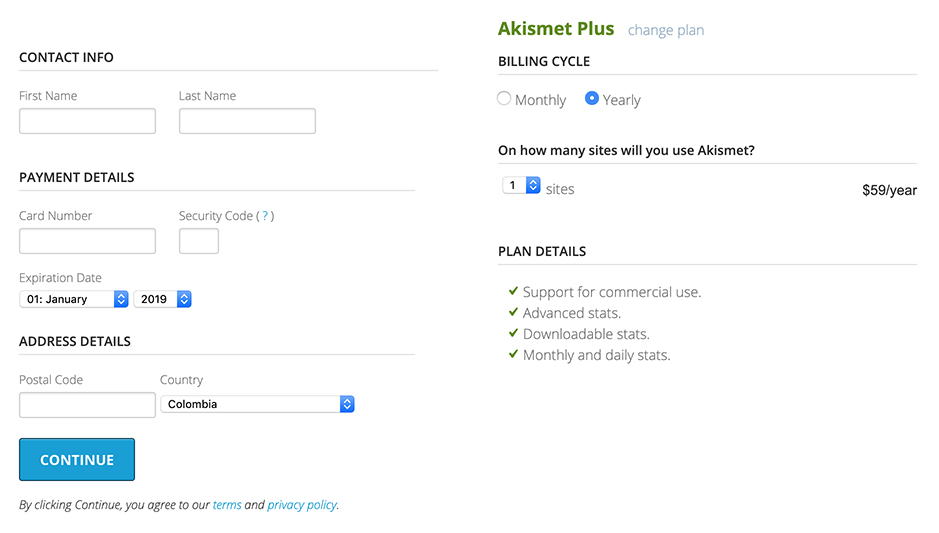 Akismet checkout form