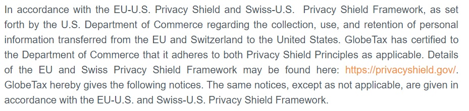 GlobeTax Privacy Policy: Privacy Shield adherence clause