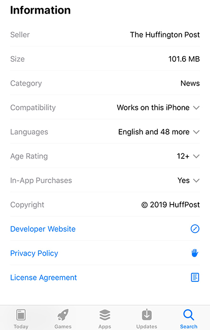 HuffPost Apple app store listing