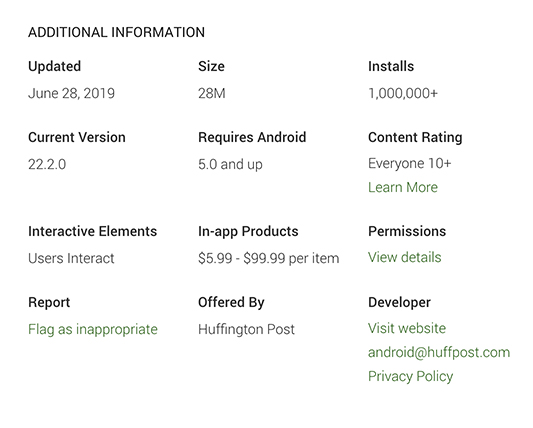 HuffPost Google Play app store listing